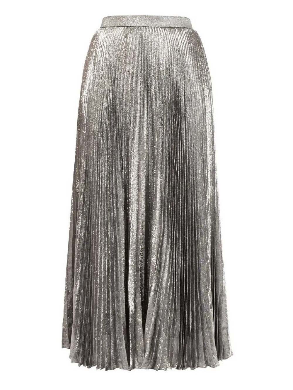 Silver Silk Metallic Pleated Midi Skirt